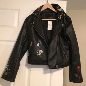 Vegan leather jacket with embroidered flowers